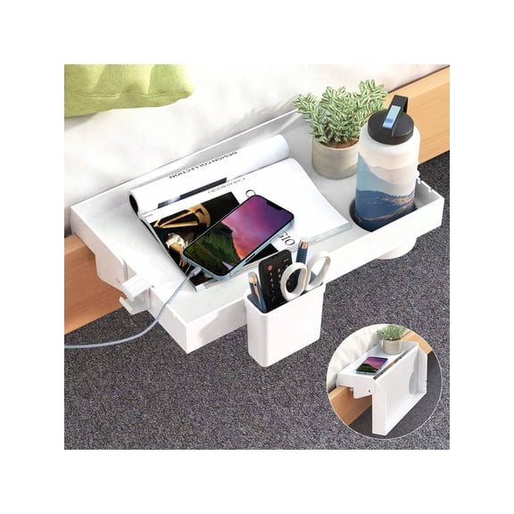 SPACEKEEPER Bedside Shelf For Bed, Foldable Bunk Bed Shelf Organizer For Top Bunk College Dorm Room Essentials Clip On Nightstand Bed Side Shelf Tray With Hanging Cup, Normal Size,Plus With Drawer