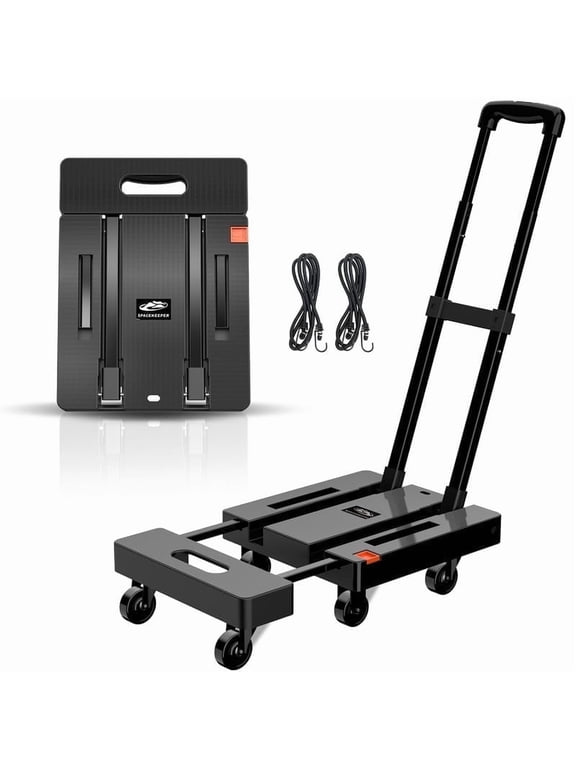 Folding Hand Truck, 500 LB Heavy Duty Luggage Cart, Utility Dolly Platform Cart with 6 Wheels & 2 Elastic Ropes for Luggage, Travel, Moving, Shopping, Office Use, Black