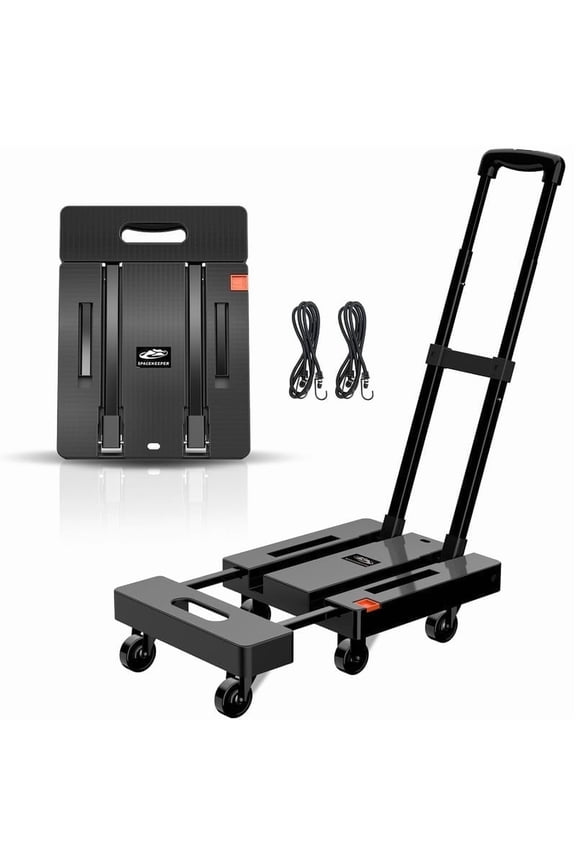 Folding Hand Truck, 500 LB Heavy Duty Luggage Cart, Utility Dolly Platform Cart with 6 Wheels & 2 Elastic Ropes for Luggage, Travel, Moving, Shopping, Office Use, Black