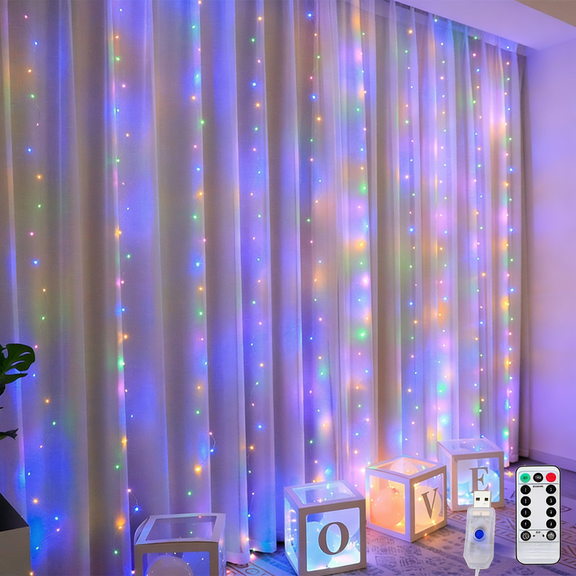 SPACEMUSE 300 LED Curtain String Lights, 9.8ft×9.8ft USB Powered Fairy Lights, 8 Modes Remote Control Waterproof Twinkle Lamp, for Christmas, Wedding, Bedroom, Party, Wall, Window Decor, Multicolor