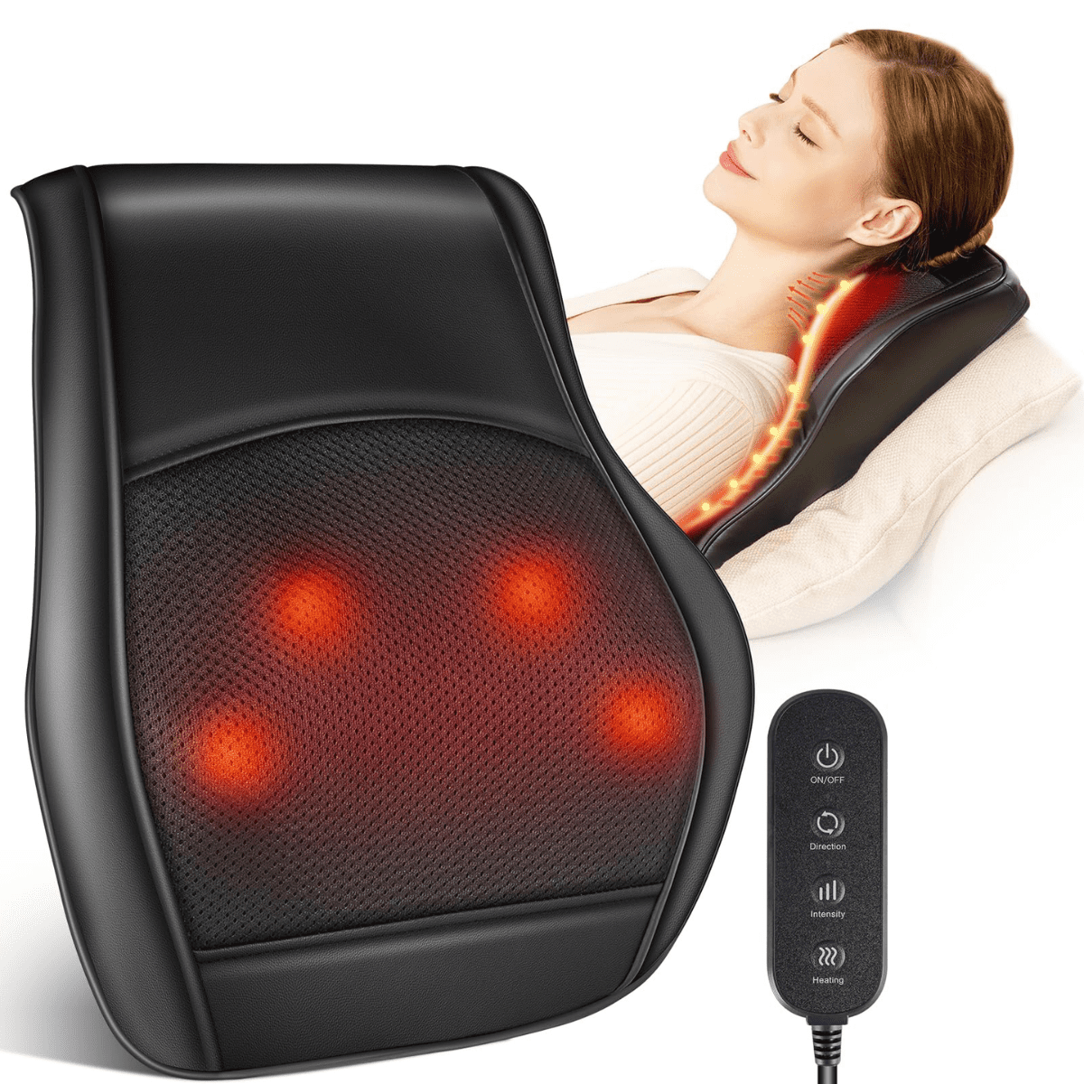 SPACEMUSE Deep-Kneading Shiatsu Neck & Back Massager with Heat for Full Body Pain Relief, Smart Timer, Adjustable Intensity Massage Pillow for Home, Office, Ideal Gift for Family & Friends, Black