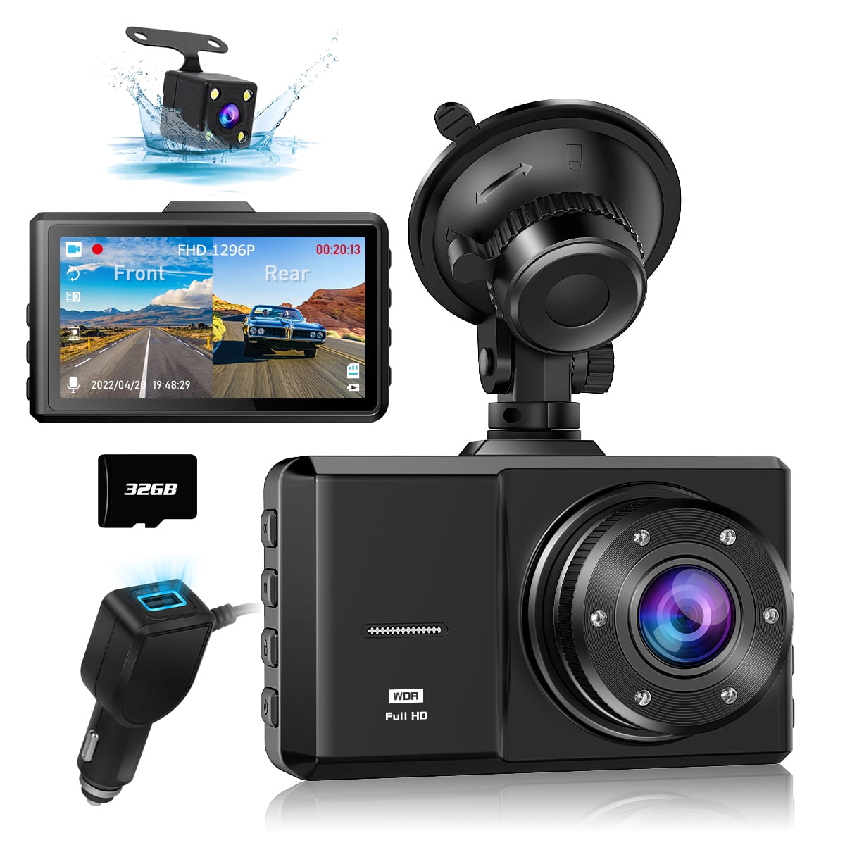 Dashboardcamera 1296p voor en achter Dual Lens WiFi GPS in de auto met 64 GB SD-kaart, nachtzicht, Full HD, loopopname, 140° groothoek, bediening via