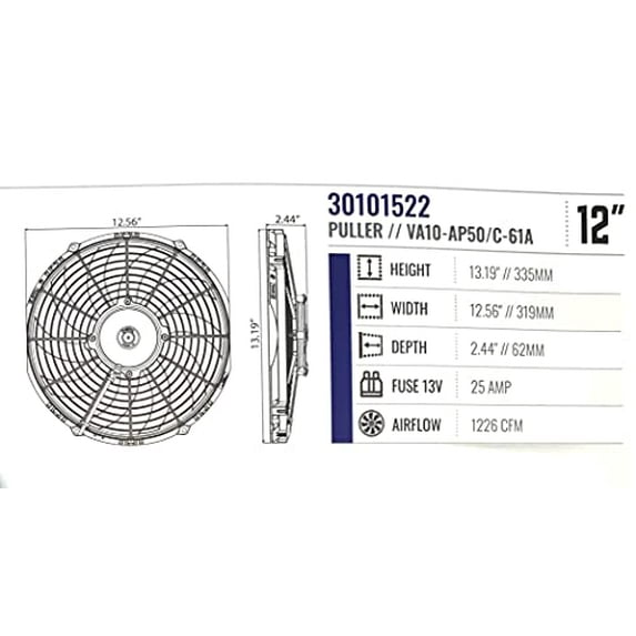 SPAL 30101522 12" Fan Puller Curved Blades 12 Volt High-Performance 1226 cfm VA10-AP50/C-61A