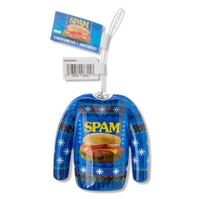 Hormel, Spam Decoupage Ugly Sweater Ornament, 4.5 inches Tall, Faux Food, Plastic, Blue, Novelty Ornament, Collectible, by Ruz