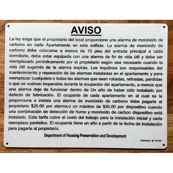 SPANISH HPD CARBON MONOXIDE SIGN (WHITE,REFLECTIVE, ALUMINIUM, SIZE 8.5X11 INCH, RUST FREE)