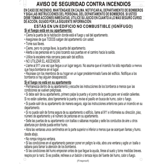 SPANISH HPD NYC LOBBY: FIRE SAFETY NOTICE - FIRE PROOF SIGN (WHITE,REFLECTIVE, ALUMINIUM, SIZE 8.5X11 INCH, RUST FREE)