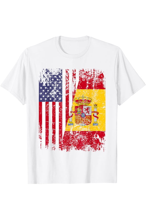 SPANISH ROOTS | Half American Flag | USA SPAIN FLAG T-ShirtMen's and women's pure cotton short-sleeved shirts
