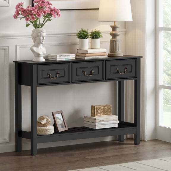 SPANSPACE Farmhouse Console Table with 3 Drawer, 47'' Entryway Table with Open Storage Shelf, Narrow Long Sofa Table for Living Room, Hallway, Behind Soft, Couch , Black