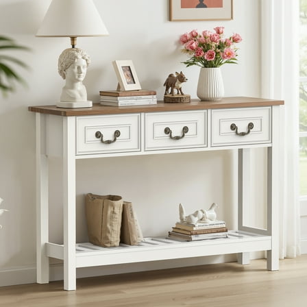 SPANSPACE 47'' Farmhouse Console Table with 3 Drawer, Entryway Table with Open Storage Shelf, Narrow Long Sofa Table for Living Room, Hallway, Behind Soft, Couch , White