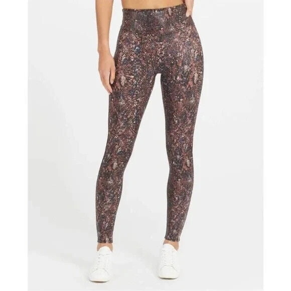 SPANX Snake Print Faux Leather Leggings M Medium Mocha Snake