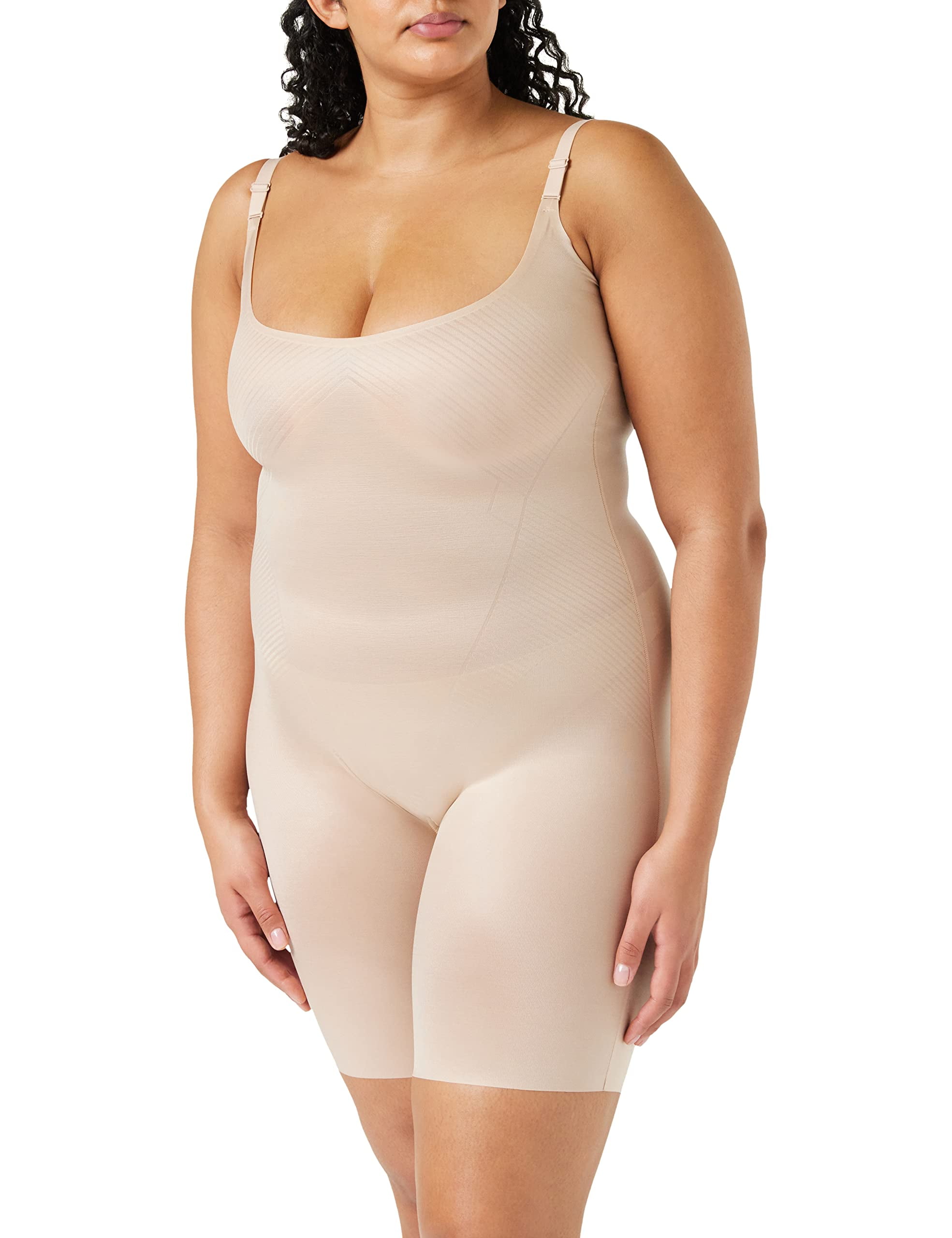 SPANX� Thinstincts 2.0 Open-Bust Midthigh Bodysuit for Women � Breathable and Contoured � Blended Fabric Open-Bust Midthigh Bodysuit Champagne Beige 1X - Regular One Size
