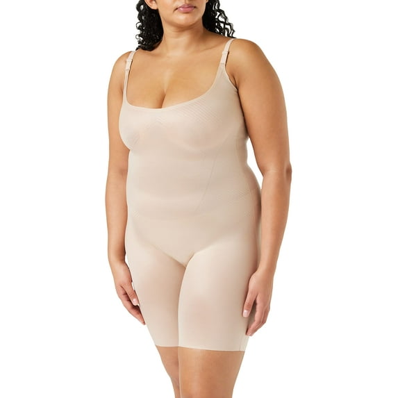 SPANX� Thinstincts 2.0 Open-Bust Midthigh Bodysuit for Women � Breathable and Contoured � Blended Fabric Open-Bust Midthigh Bodysuit Champagne Beige 1X - Regular One Size