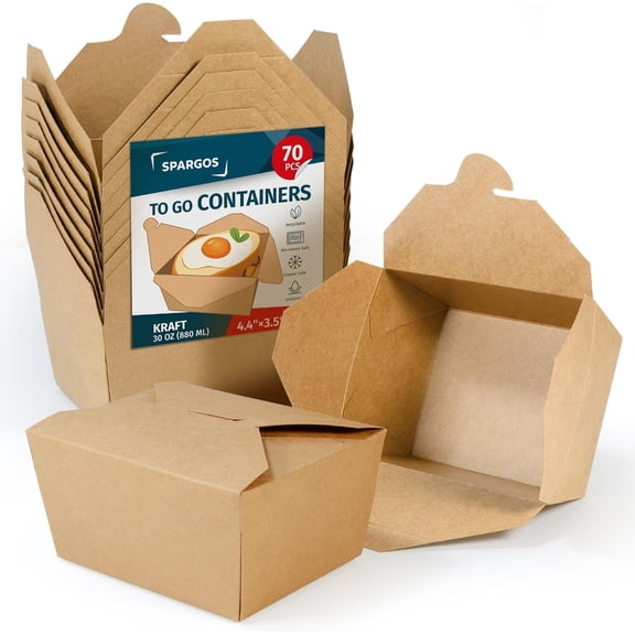 Spargos Chinese Takeout Boxes, 30 oz Kraft Paper To Go Containers, Disposable Microwavable Food Boxes