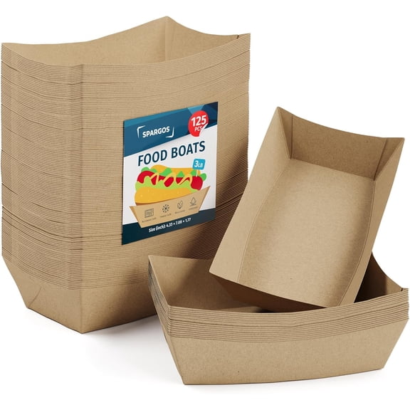Spargos 3 lb Paper Food Boats, 125 Count, Brown Kraft Nacho and Hot Dog Trays for Concession and Parties