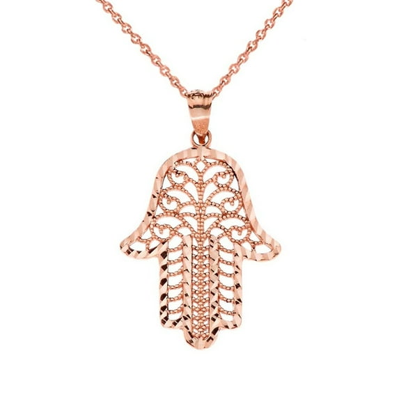 SPARKLE CUT FILIGREE HAMSA PENDANT NECKLACE IN ROSE GOLD : 14K Pendant with 20" chain
