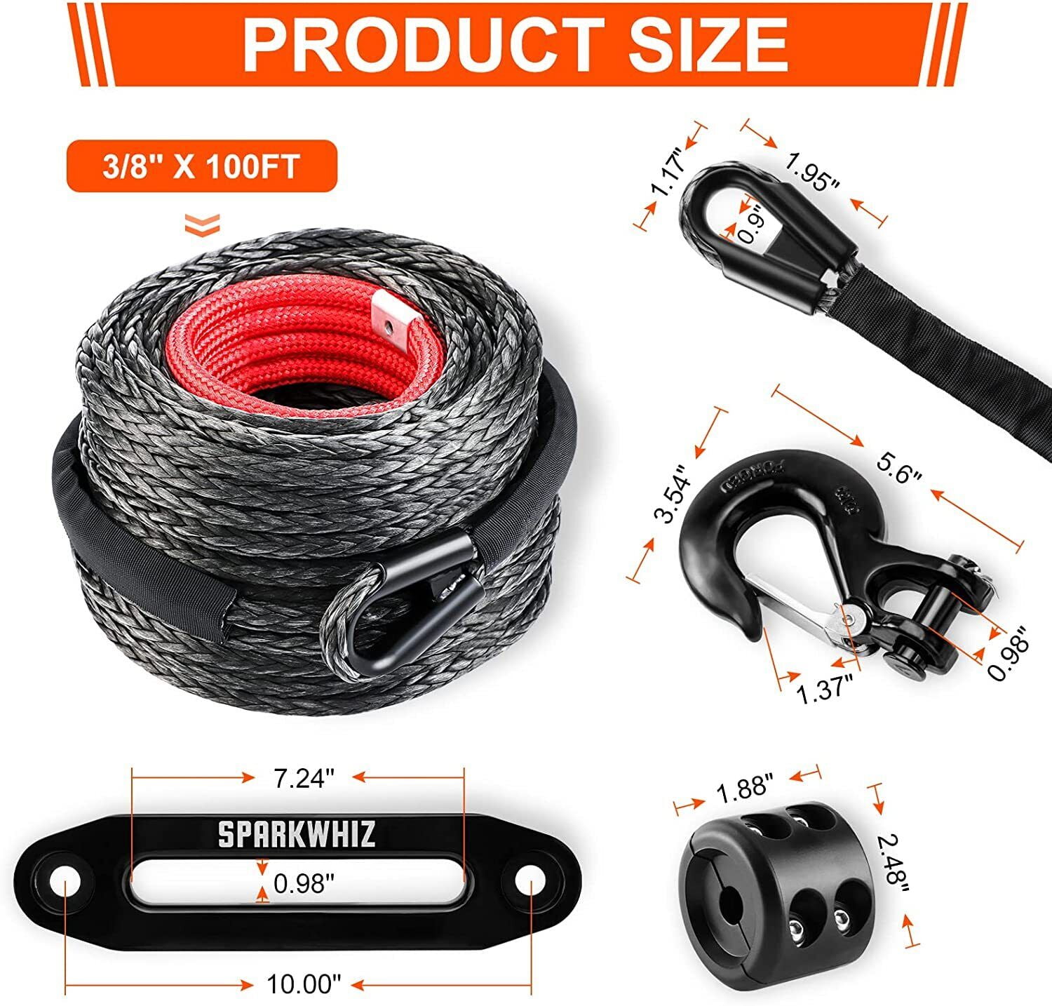 SPARKWHIZ Synthetic Winch Rope 3/8" , 100ft Towing Winch Cable with