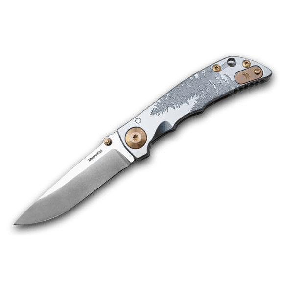 SPARTAN BLADES Harsey Folder 3.25 Frame Lock Fir Trees Titanium & CPM MagnaCut Stainless Pocket Knife
