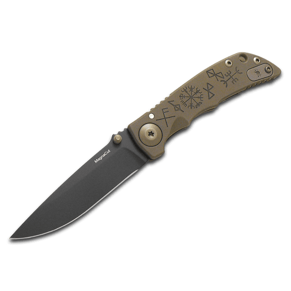 SPARTAN BLADES Harsey Folder 3.25 Frame Lock Viking Runes Bronze PVD Titanium & CPM MagnaCut Stainless Pocket Knife