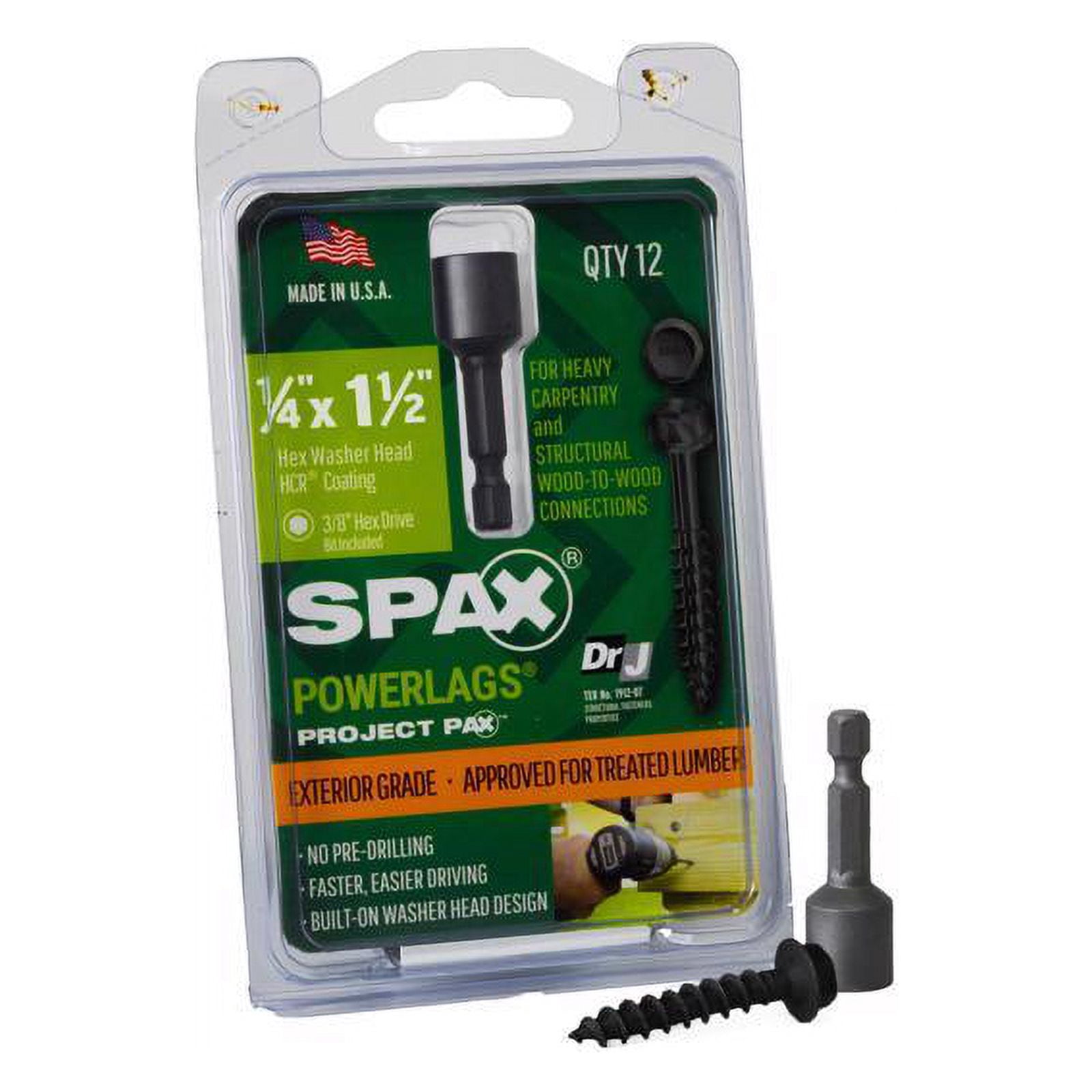 Spax 5041874 Power Lags 0.25 x 1.5 in. Washer High Corrosion Resistant Carbon Steel Lag Screw, Black - Pack of 12