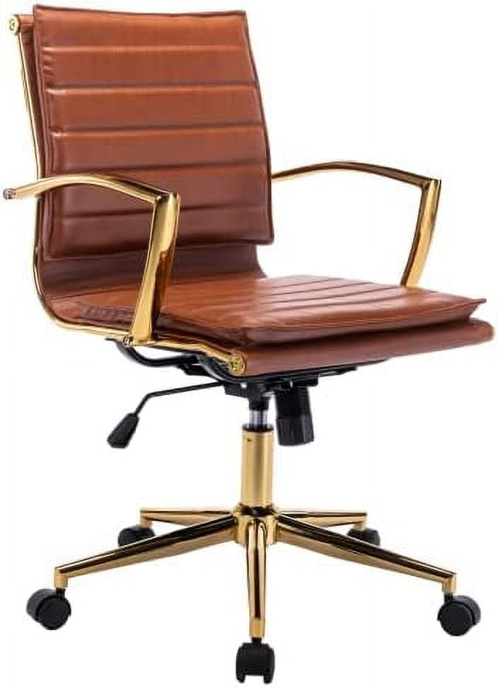 SPBOOMlife Beige Leather Office Chair Small Desk Chair Gold Executive Office Chair with Wheels