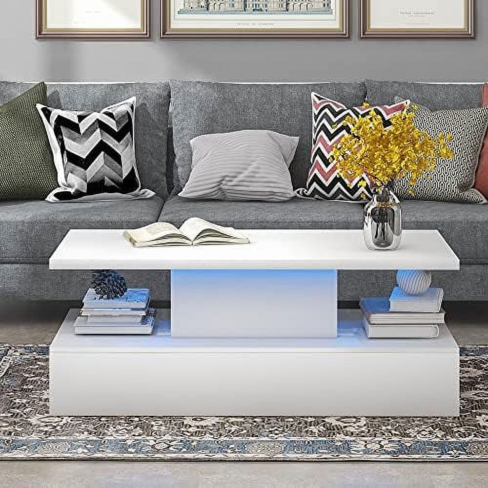 SPBOOMlife LED Coffee Table with Drawers White Center Tables for Living