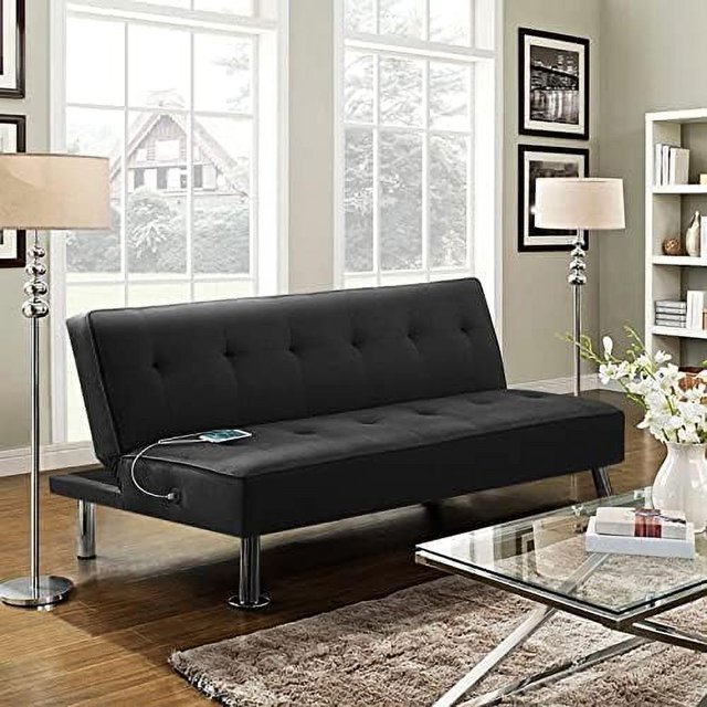 SPBOOMlife Modern Convertible Futon Sofa Bed w/ 2 Integrated USB Charging Ports Fabric Loveseat