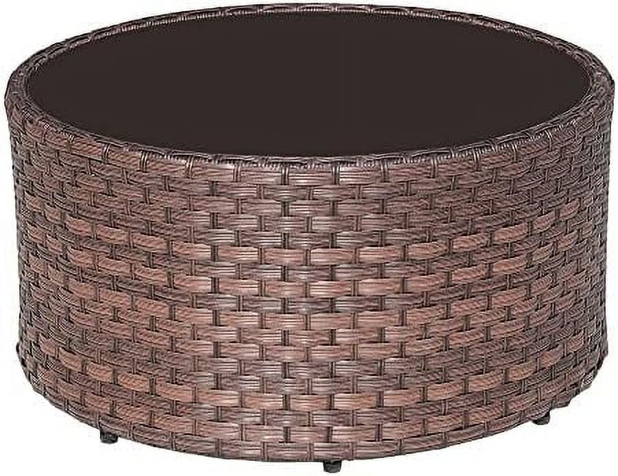 SPBOOMlife Round Outdoor Coffee Table with Tempered Glass Top Rattan PE