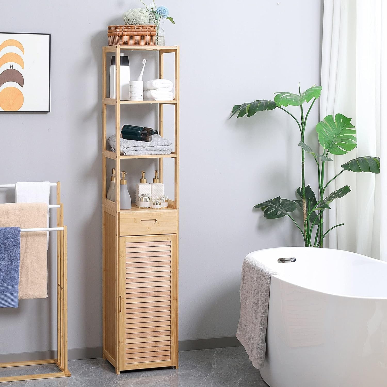 SPBOOMlife Tall Bathroom with Drawer and Slatted Shelves Slim