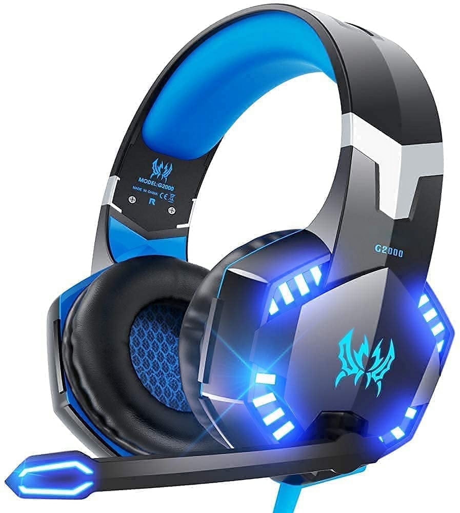 SPBPQY G2000 Gaming Headsets, Noise Cancelling Over-Ear Headset with Mic for PC/P4/P5 Surround Stereo Gaming Headphones with LED Light (Blue)
