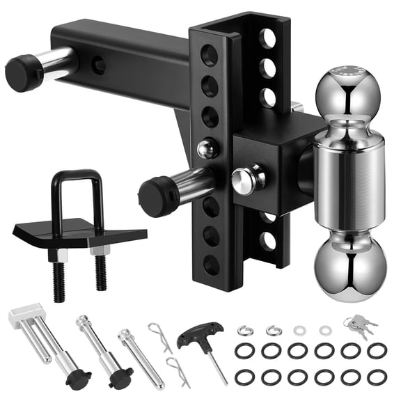 Dual Ball Adjustable Trailer Hitch, 2 Inch Receiver 6 Inch Drop Rise, Class V 12500 lbs GTW Heavy Duty Aluminum Drop Hitch for Truck RV SUV Camper, 2 & 2-5/16 Inch Ball Mount with 2 Anti-Theft Lock P
