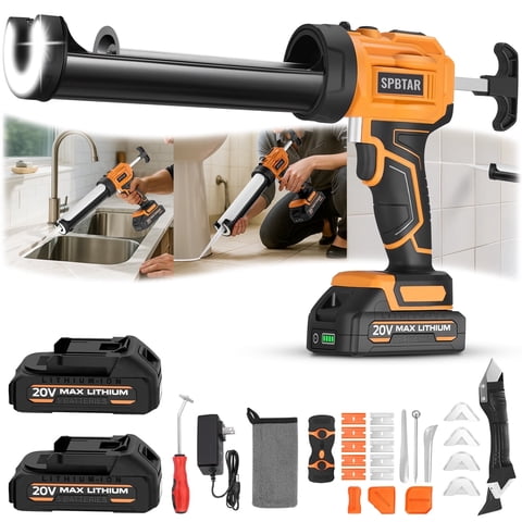 SPBTAR Cordless Caulking Gun, Antidrip Electric Caulk Gun with 2x 2.0Ah Batteries, 20Pcs Silicone Caulking Tools, 4 Adjustable Speeds, LED Light, 10OZ Lightweight for Filling, Sealing