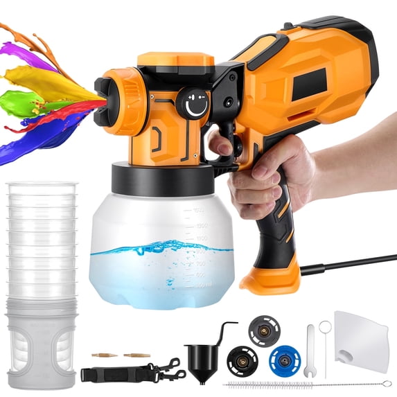 SPBTAR 1000W electric HVLP paint sprayer with 1500ml cup, 10 disposable cups, 3 brass nozzles, and adjustable spray patterns