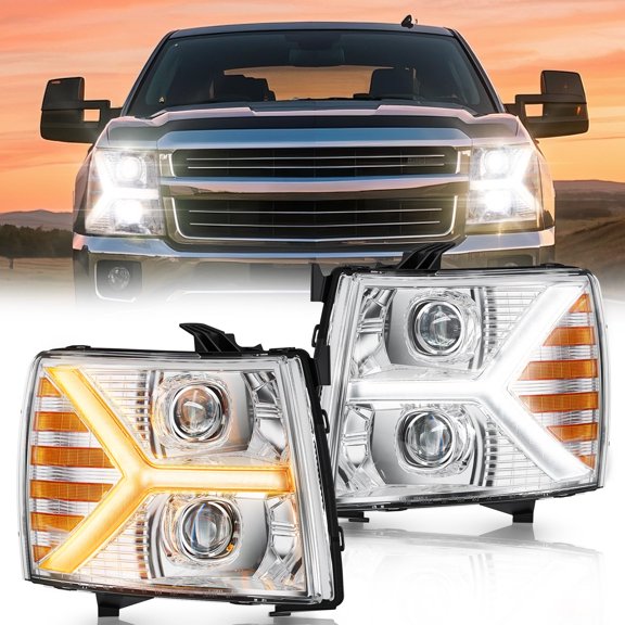 SPBTAR LED Front Bumper Light Kit for Chevy Silverado 1500/2500/3500 HD 2007-2013, DRL Daytime Running & Turn Signal Lights, Clear Lens, Anti-Glare, Waterproof, Chrome, Easy Plug & Play Install