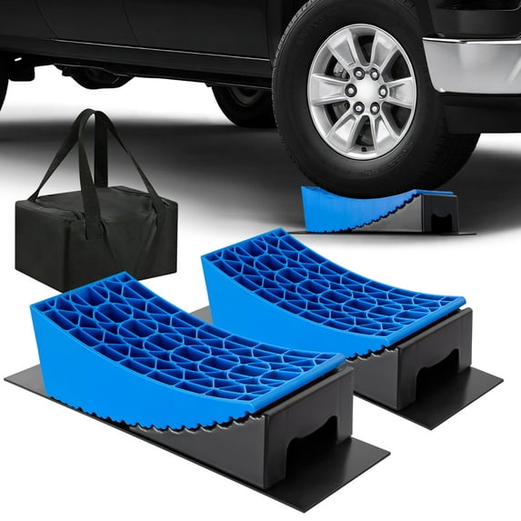 SPBTAR RV Leveling Blocks Kit, 2 blue camper levelers, anti-slip mats, T bubble level, carry bag, 35000 lbs