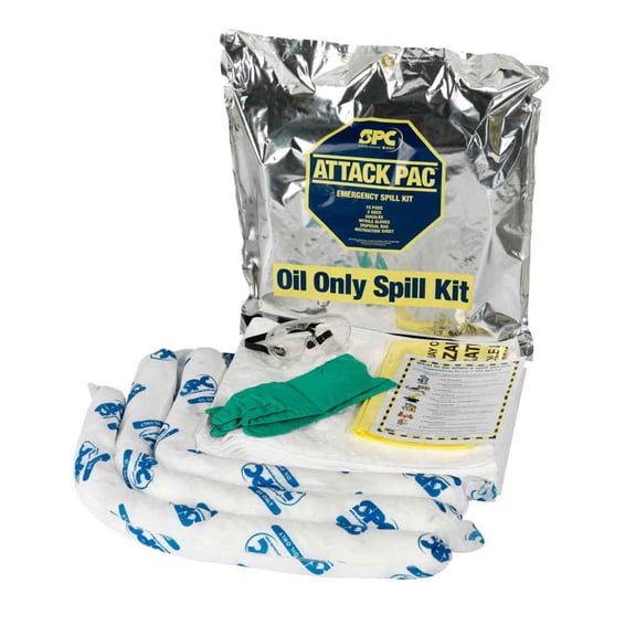 SPC Attack Pac Emergency Spill Kit- 15 pads, 3 socs, Goggles, nitrile gloves, Disposal bag, Instruction Sheet