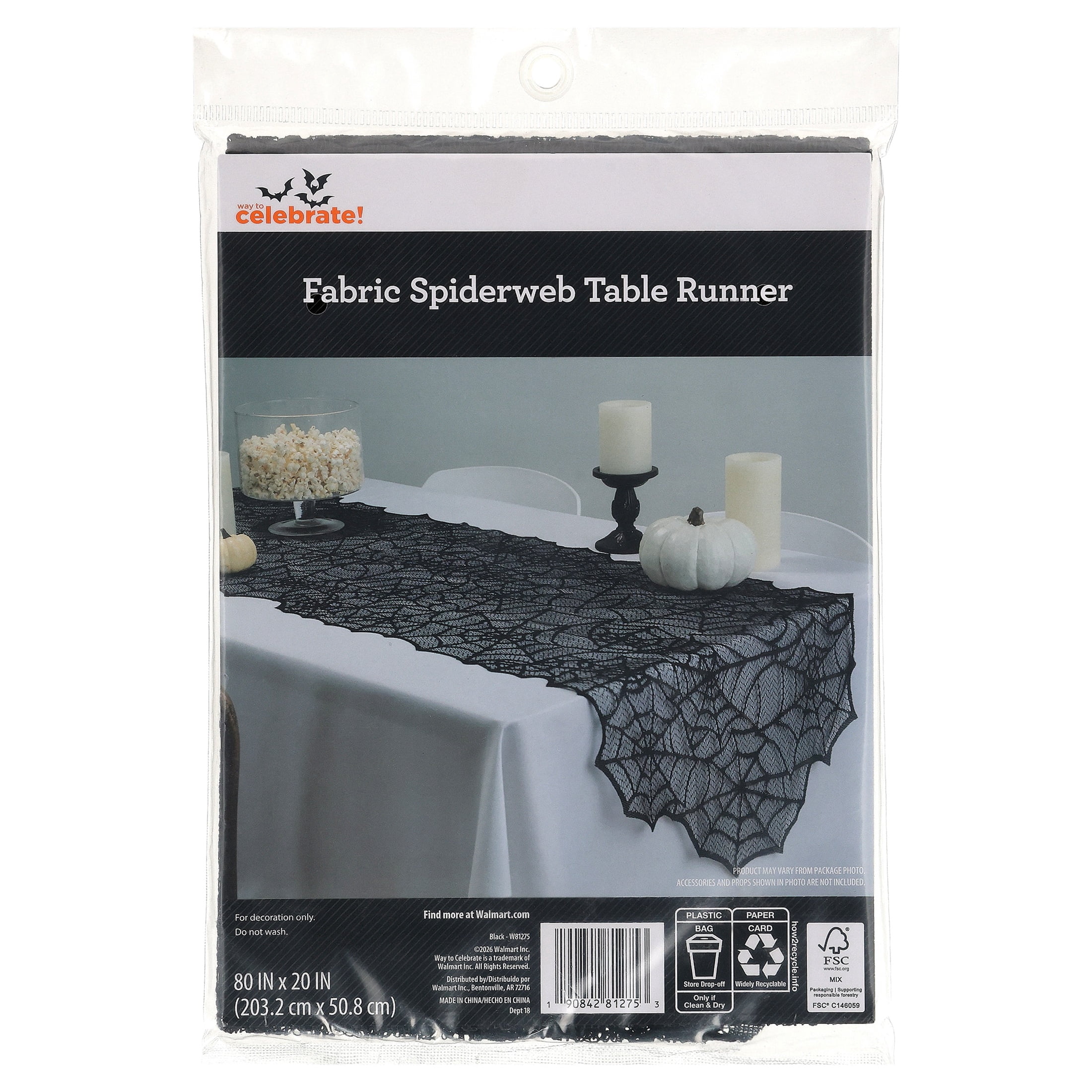 Fabric Spiderweb Table Runner, Black, 80" x 20", Halloween by Way To Celebrate