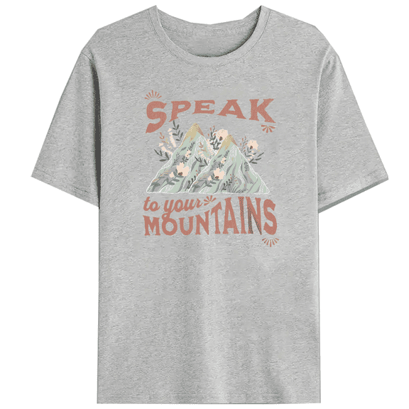 "SPEAK MOUNTAINS" Graphic Tees for Women & Men Christian Tshirts Short Sleeve Casual Shirts Inspirational Faith Tops for Daily Outfits with Jeans Gray,M
