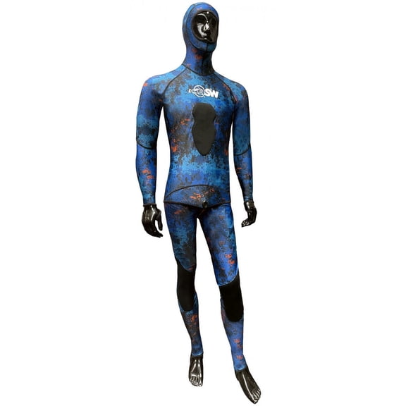 SPEARFISHING WORLD Blue Camo Two-Piece Wetsuit with Loading Chest Pad, Knee Protection, Anatomical Design for Freediving, Snorkeling, Swimming, Watersports