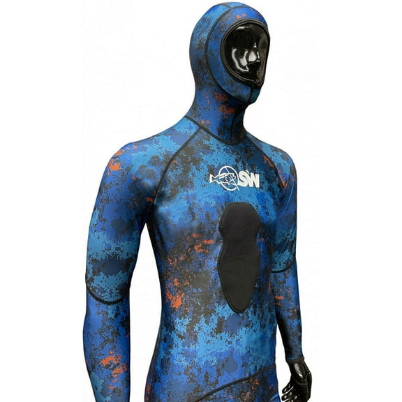 SPEARFISHING WORLD Blue Camo Two-Piece Wetsuit with Loading Chest Pad, Knee Protection, Anatomical Design for Freediving, Snorkeling, Swimming, Watersports
