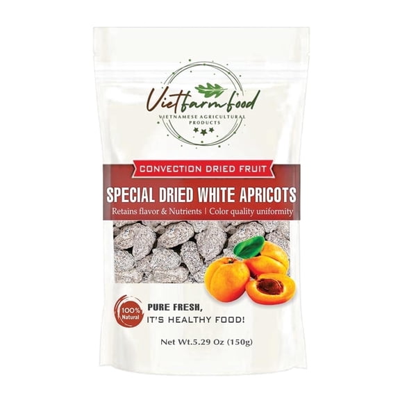 SPECIAL DRIED WHITE APRICOTS 5.29oz (150g) VIETFARMFOOD: Convection dried fruit with a little sugar, salt, natural sweetness, soft when chewed. Suitable for snack, healthy dessert for all ages