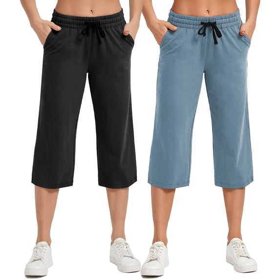 2-Pack SPECIAL MAGIC Women's Capri Pants Wide Leg Cotton Yoga Sweatpants with Pockets Casual Lounge Jogger Pants
