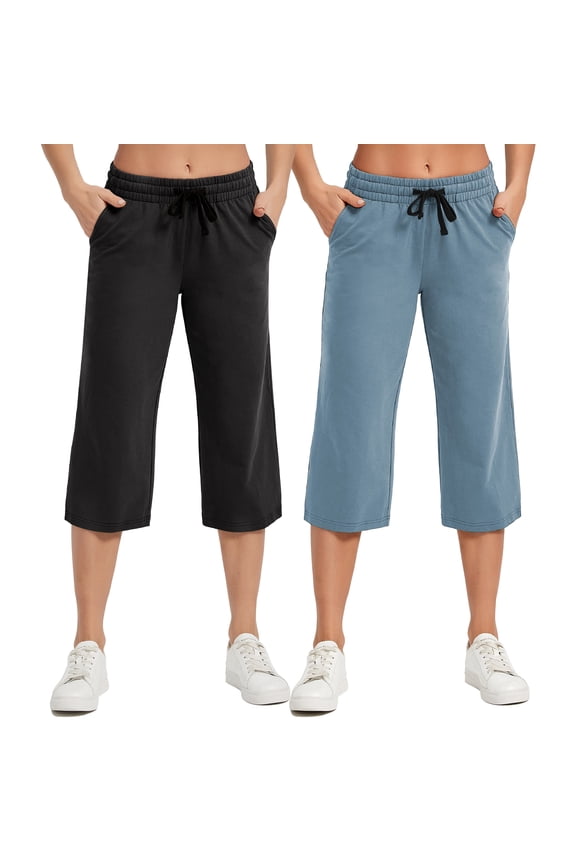 2-Pack SPECIAL MAGIC Women's Capri Pants Wide Leg Cotton Yoga Sweatpants with Pockets Casual Lounge Jogger Pants