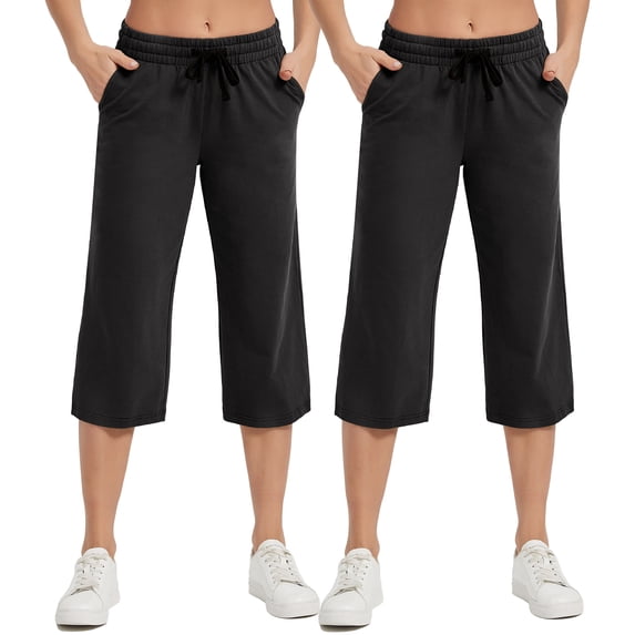2-Pack SPECIAL MAGIC Women's Capri Pants Wide Leg Cotton Yoga Sweatpants with Pockets Casual Lounge Jogger Pants