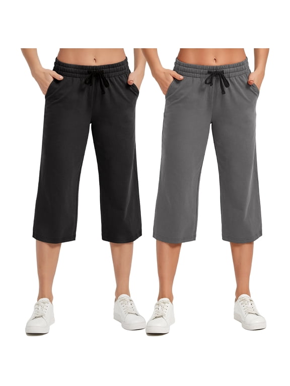 2-Pack SPECIAL MAGIC Women's Capri Pants Wide Leg Cotton Yoga Sweatpants with Pockets Casual Lounge Jogger Pants