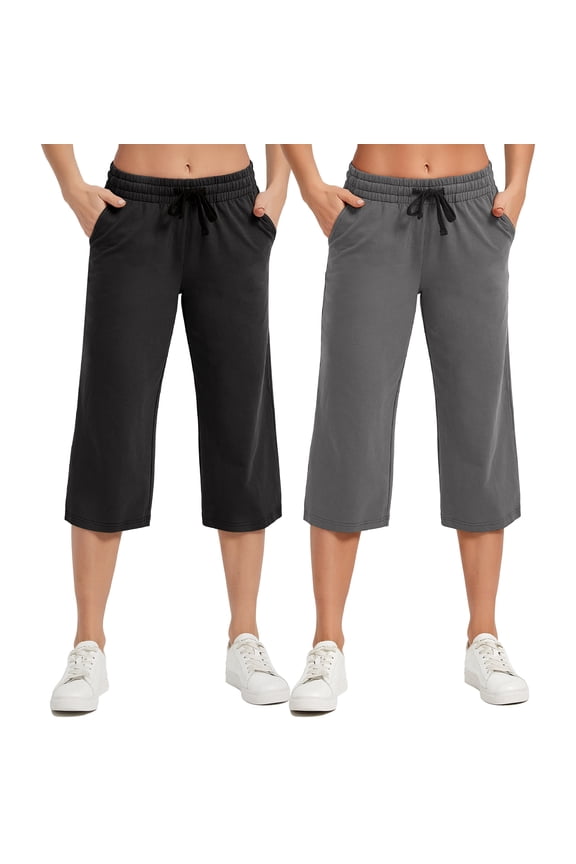 2-Pack SPECIAL MAGIC Women's Capri Pants Wide Leg Cotton Yoga Sweatpants with Pockets Casual Lounge Jogger Pants