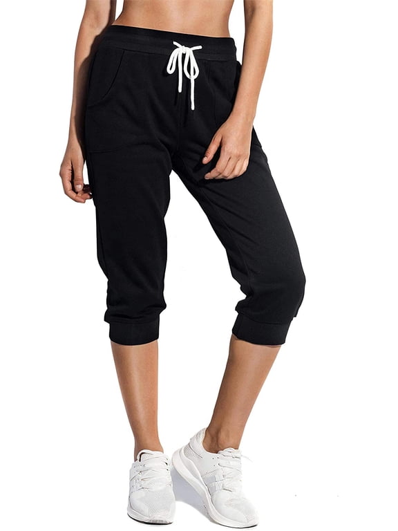 Women’s Capri Sweatpants Jogger Cargo Pants with Pockets for both Sports and Casual Wear (Black M)