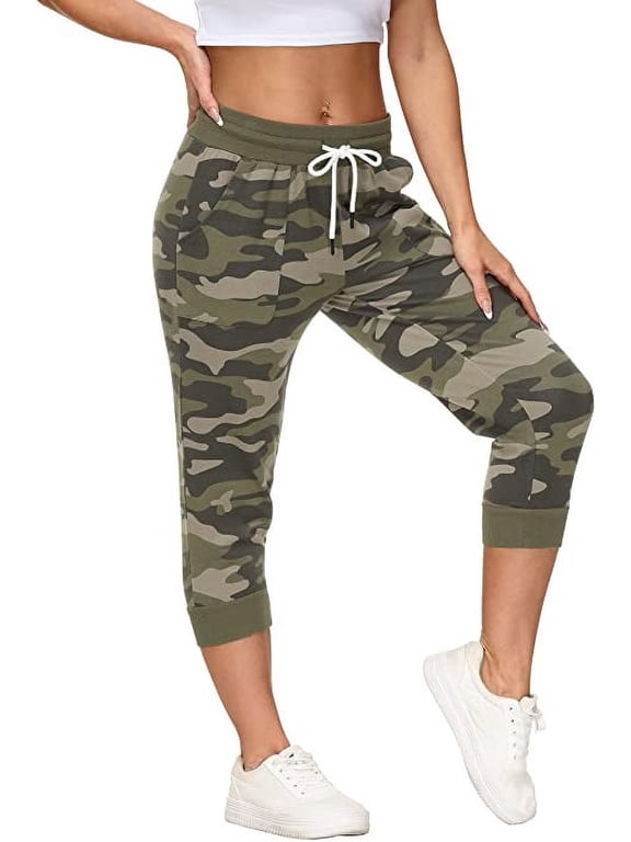 Women’s Capri Sweatpants Jogger Cargo Pants with Pockets for both Sports and Casual Wear (Camo Army L)