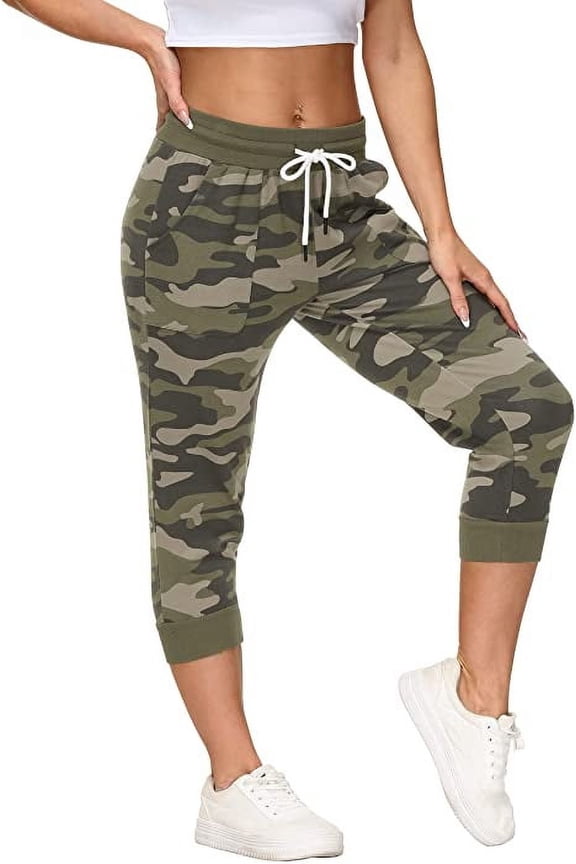 Women’s Capri Sweatpants Jogger Cargo Pants with Pockets for both Sports and Casual Wear (Camo Army L)