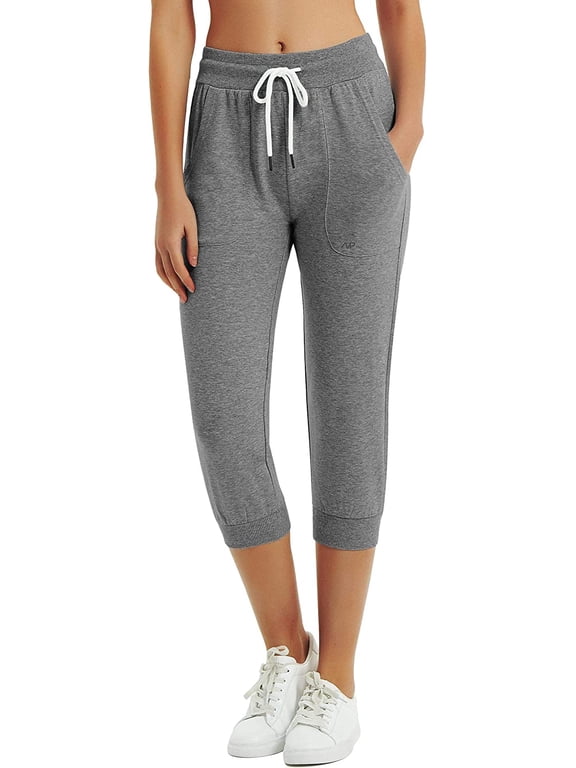 Women’s Capri Sweatpants Jogger Cargo Pants with Pockets for both Sports and Casual Wear (Heather Grey L)