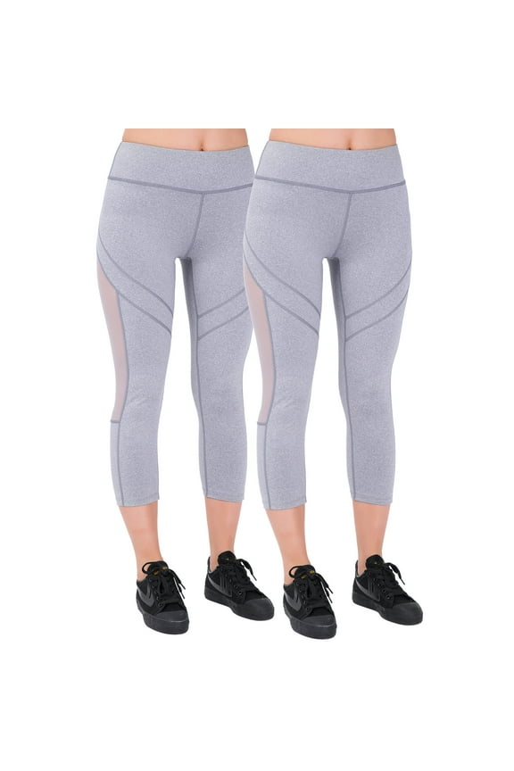 Women's Mid Waist Side Mesh Dry Fit Workout Capri Leggings with Inner Pocket,2-Pack Heather Grey